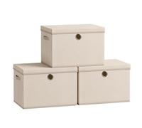 SONGMICS Storage Bins with Lids, 3 Pack Stackable Fabric Storage Boxes, Odorless PP Sheets, Foldable Cube Baskets Organizers with Handles, 16.9 x 11.8 x 11.8 Inches, Summer Sand URFB545LF01