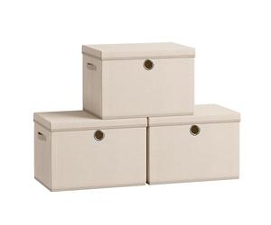SONGMICS Storage Bins with Lids, 3 Pack Stackable Fabric Storage Boxes, Odorless PP Sheets, Foldable Cube Baskets Organizers with Handles, 16.9 x 11.8 x 11.8 Inches, Summer Sand URFB545LF01