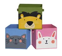 SONGMICS Storage Boxes, Set of 3, Toy Organiser Boxes, Foldable Storage Cubes with Handles, for Kid’s Room, Playroom, Bedroom, 30 x 30 x 30 cm, Animal Theme, Blue, Green and Pink RFB075P01