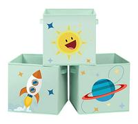 SONGMICS Storage Boxes, Set of 3, Toy Organiser Boxes, Foldable Storage Cubes with Two Handles, for Kid’s Room, Playroom, Bedroom, 30 x 30 x 30 cm, Space Theme, Green RFB001G03