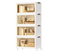 SONGMICS Storage Boxes with Lid, 4-Tier Stackable Organiser with 1 Lid, Plastic Storage Bins on Wheels, Magnetic Door, Home Organisation, White, 55 L per Tier, 220 L Total, RLB460WZ01