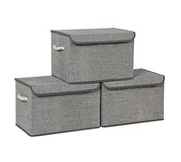 SONGMICS Storage Boxes with Lid, Set of 3 Fabric Storage Boxes and Organiser Bins with Cotton Handles, Linen Pattern, Grey RFB013G02