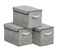 SONGMICS Storage Boxes with Lids, Set of 3, Foldable Fabric Storage Organiser Bins for Wardrobe, Cotton Handles, for Bedroom, Living Room, 38 x 25 x 25 cm, Dove Grey RFB013G02
