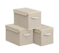 SONGMICS Storage Boxes with Lids, Set of 3, Foldable Fabric Storage Organiser Bins for Wardrobe, Cotton Handles, for Bedroom, Living Room, 38 x 25 x 25 cm, Sand Beige RFB013LZ01