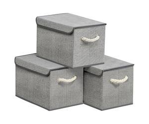 SONGMICS Storage Boxes with Lids, Set of 3, Foldable Fabric Storage Organiser Bins for Wardrobe, Cotton Handles, for Bedroom, Living Room, 38 x 25 x 25 cm, Dove Grey RFB013G02