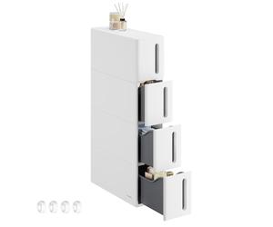 SONGMICS Storage Tower on Wheels, Narrow Kitchen Column, 4 Tier Plastic Shelf, Space Saving, 45 x 17 x 84 cm, White and Grey KFR008G01