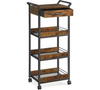 Songmics Storage Trolley, 4-Tier Rolling Cart, Handles, 4 Lockable Castors, Top Drawer, Mesh Shelves, Rustic Brown And Ink Black