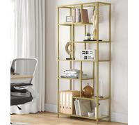 Songmics Tall Bookcase, 6-Shelf Display Unit, Multifunctional Plant Rack, Glass Shelves, For Home, Room, Kitchen, Metallic Gold