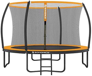 SONGMICS Trampoline Ø 366 cm, Garden Trampoline for Children with Safety Net, Curved Bars 180 cm High, Ladder, Steel Frame, TÜV Rhineland GS Certified Black/Orange STR122O01