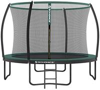 SONGMICS Trampoline Diameter 305 cm, Children's Garden Trampoline with Safety Net, 180 cm High Curved Poles, Edge Cover, Ladder, Steel Frame, Black-Dark Green STR102C01