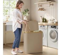 Songmics Triple Section Laundry Hamper With Lid, Extra Large Oxford Fabric Basket, Bamboo Handles, Camel Brown