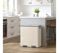 Songmics Two-Compartment Waste Bin With 2 Bin, Metal Pedals, 15 Plastics, Covers, Handles, Gentle Closure, Sealed Shut, Cream