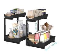 SONGMICS Under Sink Organiser, 2-Tier, Sliding Drawer, 40 x 29.5 x 41.5 cm | Kitchen and Bathroom Under Sink Shelf with Hooks, Cupboard Organiser, Ink Black, GLORA Collection KCS218B101