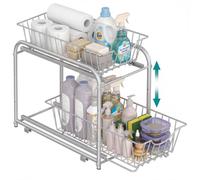 SONGMICS Cupboard Organiser, 2-Tier Under Sink Storage Organiser with Sliding Basket Drawers, Stackable Cabinet Organiser for Kitchen, Bathroom, Dove Grey KCS017E01V1