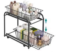SONGMICS Cupboard Organiser, 2-Tier Under Sink Storage Organiser with Sliding Basket Drawers, Stackable Cabinet Organiser for Kitchen, Bathroom, Classic Black KCS017B01