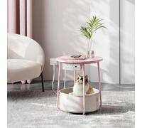 Songmics Usb End Table, Circular Side Table With Charging Ports, Power Outlets, Fabric Organizer, Jelly Pink And Cream White