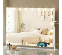 SONGMICS Vanity Makeup Mirror with Lights, 80 x 60 cm, Charging Ports, 18 Dimmable LED Bulbs, 3 Colour Modes, Detachable 10x Magnifying Mirror, Phone Holder, Matte White LWM003WC03