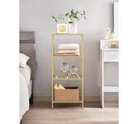 Songmics Vasagle 4-Tier Glass Shelf, Bookshelf, Storage Rack, Tempered Glass, For Bathroom, Living Room, Bedroom, Office, Metallic Gold