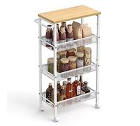 SONGMICS VASAGLE 4-Tier Trolley, Space-Saving Kitchen Cart with Wheels, Steel Frame, Handle, Trolley for Small Spaces, 22 x 45.5 x 77 cm, Kitchen Bathroom Living Room Studio, Oak and White LRC033W09