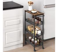 Songmics Vasagle 4-Tier Trolley, Space-Saving Kitchen Cart With Wheels, Steel Frame, Trolley For Small Spaces, Rustic Brown And Black