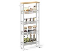 SONGMICS VASAGLE 5-Tier Trolley, Space-Saving Kitchen Cart with Castors, 13 cm Deep, Steel Frame, Handle, Trolley for Small Spaces, Kitchen Bathroom Living Room Studio, Oak Beige and White LRC034W09