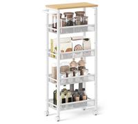SONGMICS VASAGLE 5-Tier Trolley, Space-Saving Kitchen Cart with Castors, 22 cm Deep, Steel Frame, Handle, Trolley for Small Spaces, Kitchen Bathroom Living Room Studio, Oak Beige and White LRC035W09