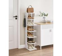 Songmics Vasagle 7 Tier Vertical Shoe Rack, Narrow Shoe Storage Organizer With Hooks, Slim Wooden Corner Shoe Tower Rack, White