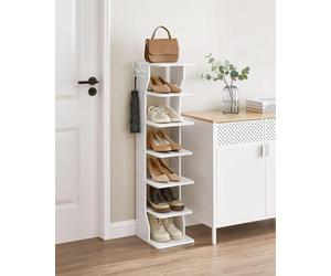 Songmics Vasagle 7 Tier Vertical Shoe Rack, Narrow Shoe Storage Organizer With Hooks, Slim Wooden Corner Shoe Tower Rack, White