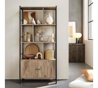 Songmics Vasagle Bookshelf, Storage Shelf, Large Bookcase With Doors, 4 Shelves, Steel Structure, Industrial, Toasted Oak Colour And Black