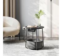 Songmics Vasagle Charging End Table, Round Bedside Table With Power Outlets, Usb Ports, Storage Basket, Ebony Black And Slate Grey