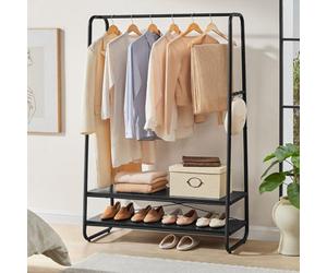 Songmics Vasagle Clothes Rack, 2-Tier Shelves With Hooks, Bedroom Organizer, Steel Frame, Ebony Black And Matte Black