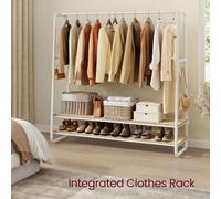 Songmics Vasagle Clothing Storage Rack With Shelves, Garment Rail With Hooks, Bedroom Wardrobe Organizer, Natural Beige And Matte White