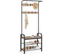 Coat Rack, Coat Stand with Shoe Storage Bench, 4-in-1 Design, Camel Brown and Ink Black / 34 x 72 x 183 cm