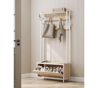 Songmics Vasagle Coat Rack With Shoe Storage, Hall Tree With Bench, 9 Hooks And Top Shelf, Modern, Golden Oak And Cloud White