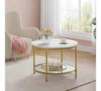 Songmics Vasagle Coffee Table, Living Room Table, Sofa Cocktail Table, Glass Storage Shelf, Round, Modern, Marble White & Pale Gold