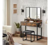 Songmics Vasagle Dressing Table With Mirror And Stool, Vanity Table With Tri-Fold Mirror, 3 Drawers, Makeup Desk, Rustic Brown And Black
