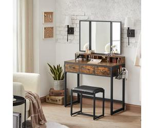 Songmics Vasagle Dressing Table With Mirror And Stool, Vanity Table With Tri-Fold Mirror, 3 Drawers, Makeup Desk, Rustic Brown And Black
