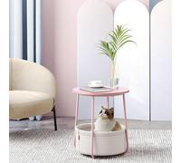 Songmics Vasagle End Table, Round Side Table With Fabric Basket For Extra Storage, Modern, Pastel Pink And Cloud White
