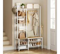 Songmics Vasagle Entryway Bench, Hall Tree Shoe Rack, Coat Rack Storage, Multi Hook Organizer, Large Size, Golden Oak And Cloud White