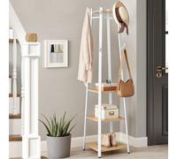 Songmics Vasagle Four Shelf Coat Stand With Double Hooks, Hallway Clothes Organizer, Metal Frame Storage, Oak And White