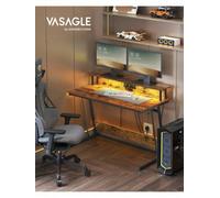 Songmics Vasagle Gaming Desk With Led Lights And Built-In Power Outlets, Computer Desk With Monitor Shelf, Gaming Table For 2 Monitors