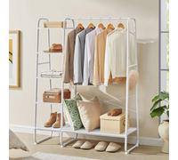 Songmics Vasagle Garment Rail With Shoe Storage, Five Tier Clothing Rack, Side Hooks, Bedroom Organizer, Cloud White And Matte White