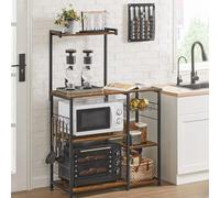 Songmics Vasagle Industrial Kitchen Organizer, Standing Shelf With Metal Basket, 6 Hooks, Microwave Shelf Rack, Spice Rack, Dark Brown