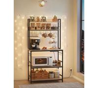Songmics Vasagle Kitchen Baker's Rack With Built-In Power Outlet, Coffee Station, Hooks, Shelf, Wire Panel, Greige And Ink Black