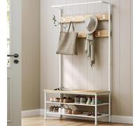 Songmics Vasagle Large Entryway Stand, Hall Tree With Shoe Storage Bench, Coat Hooks, Hanging Rail, Oak And White
