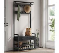 Songmics Vasagle Modern Entryway Cabinet, Multi-Hook Storage System With Bench And Drawer Organization, Charcoal And Black