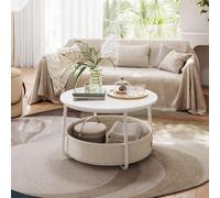 Songmics Vasagle Modern Storage Center, Round Living Room Table With Fabric Basket, Matte White And Camel Brown