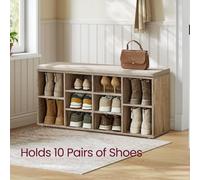 Songmics Vasagle Padded Cushion Shoe Bench, Adjustable Shelves, 10-Compartment Storage For Hallway And Living Room, Camel Brown