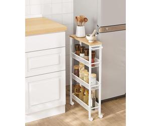 Songmics Vasagle Rolling Storage Shelf, 4-Shelf Cart, Storage Organizer, Steel, Handle, Compact Trolley, Oak And White