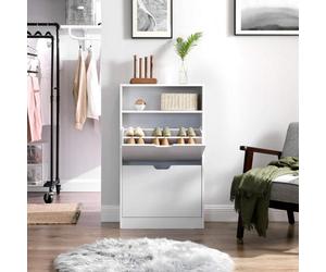Songmics Vasagle Shoe Storage Cabinet, 2 Flip-Open Doors, Adjustable Divider, 3 Levels, Holds 8-12 Shoes, With Open Shelf, White